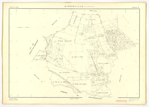 Plans minutes de conservation : GIRONVILLE-SUR-ESSONNE : tableau d'assemblage, ech. 1/10000 (1953), sections A, B, C, D, E, G, I, J, K, L, M, ech. 1/2000 (1953), sections F, H, ech. 1/1000 (1953), NB, papier, 105x80 [14 plans]. 