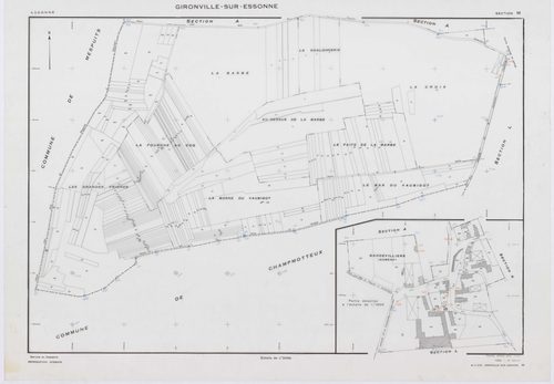 GIRONVILLE-SUR-ESSONNE, plans minutes de conservation : tableau d'assemblage, 1953, Ech. 1/10000 ; plans des sections A, B, C, D, E, G, I, J, K, L, M, 1953, Ech. 1/2000, sections F, H, 1953, Ech. 1/1000. Polyester. N et B. Dim. 105 x 80 cm [14 plans]. 