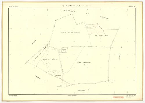 Plans minutes de conservation : GIRONVILLE-SUR-ESSONNE : tableau d'assemblage, ech. 1/10000 (1953), sections A, B, C, D, E, G, I, J, K, L, M, ech. 1/2000 (1953), sections F, H, ech. 1/1000 (1953), NB, papier, 105x80 [14 plans]. 