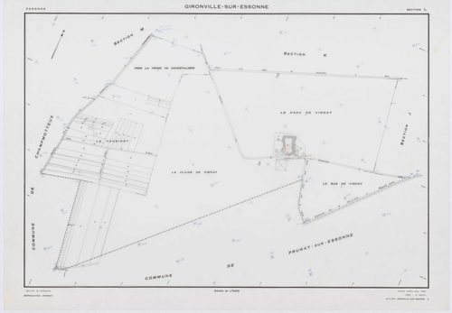 GIRONVILLE-SUR-ESSONNE, plans minutes de conservation : tableau d'assemblage, 1953, Ech. 1/10000 ; plans des sections A, B, C, D, E, G, I, J, K, L, M, 1953, Ech. 1/2000, sections F, H, 1953, Ech. 1/1000. Polyester. N et B. Dim. 105 x 80 cm [14 plans]. 