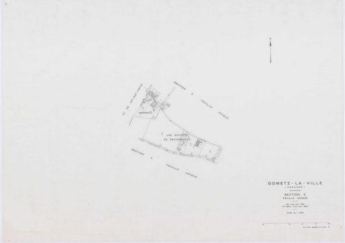 GOMETZ-LA-VILLE, plans minutes de conservation : tableau d'assemblage,1944, Ech. 1/10000 ; plans des sections A, B, C, D2, H, 1944, Ech. 1/2500, section D1, 1944, Ech. 1/1250, sections S, U, V, W, X, Z, 1959, Ech. 1/2000, section ZA, 1980, Ech. 1/2000. Po