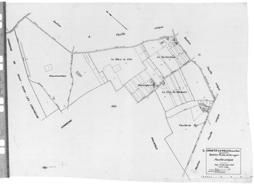 GOMETZ-LA-VILLE.- Cadastre révisé pour 1944 : plan du tableau d'assemblage, plans de la section A Ragemont ,section B Belleville, section C Beaudeville, section D Gometz 1ère feuille, section H Mauregard ; cadastre révisé pour 1944 mis à jour pour 1959 : 