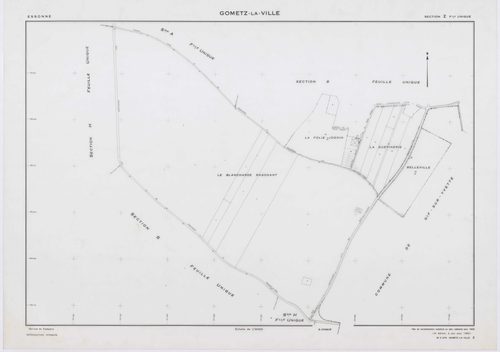 GOMETZ-LA-VILLE, plans minutes de conservation : tableau d'assemblage,1944, Ech. 1/10000 ; plans des sections A, B, C, D2, H, 1944, Ech. 1/2500, section D1, 1944, Ech. 1/1250, sections S, U, V, W, X, Z, 1959, Ech. 1/2000, section ZA, 1980, Ech. 1/2000. Po