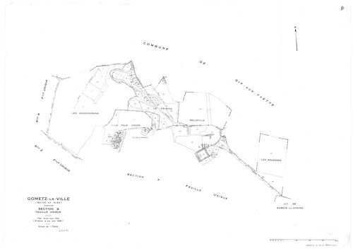 GOMETZ-LA-VILLE.- Cadastre révisé pour 1944 : plan du tableau d'assemblage, plans de la section A Ragemont ,section B Belleville, section C Beaudeville, section D Gometz 1ère feuille, section H Mauregard ; cadastre révisé pour 1944 mis à jour pour 1959 : 
