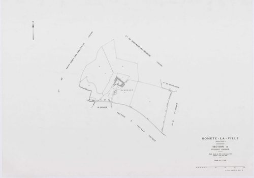 GOMETZ-LA-VILLE, plans minutes de conservation : tableau d'assemblage,1944, Ech. 1/10000 ; plans des sections A, B, C, D2, H, 1944, Ech. 1/2500, section D1, 1944, Ech. 1/1250, sections S, U, V, W, X, Z, 1959, Ech. 1/2000, section ZA, 1980, Ech. 1/2000. Po