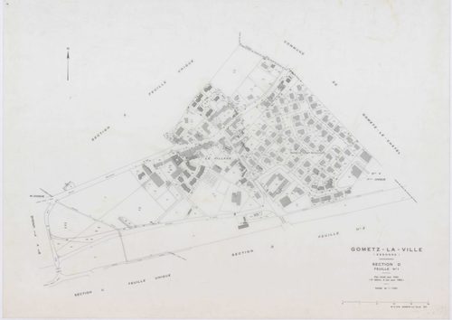 GOMETZ-LA-VILLE, plans minutes de conservation : tableau d'assemblage,1944, Ech. 1/10000 ; plans des sections A, B, C, D2, H, 1944, Ech. 1/2500, section D1, 1944, Ech. 1/1250, sections S, U, V, W, X, Z, 1959, Ech. 1/2000, section ZA, 1980, Ech. 1/2000. Po