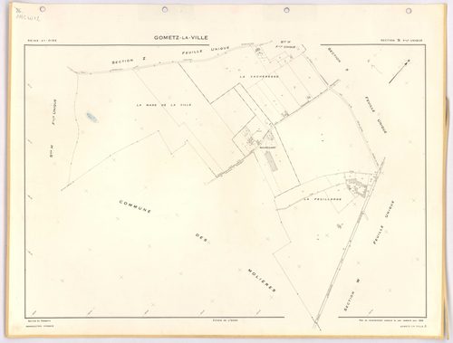 GOMETZ-LA-VILLE. - Cadastre révisé pour 1944, à jour pour 1959 (2ème édition) : plans du tableau d'assemblage, des sections A, B, C et D dite de Gometz (feuilles 1-2) ; plan de remembrement substitué au plan cadastral pour 1959 : plans des sections S, U, 