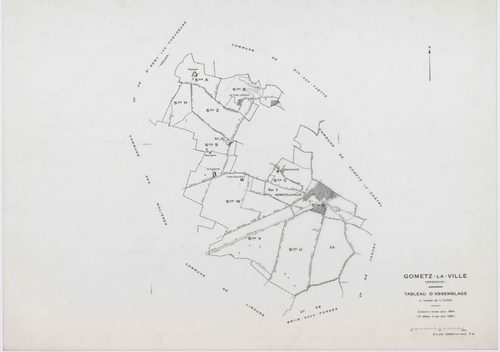 GOMETZ-LA-VILLE, plans minutes de conservation : tableau d'assemblage,1944, Ech. 1/10000 ; plans des sections A, B, C, D2, H, 1944, Ech. 1/2500, section D1, 1944, Ech. 1/1250, sections S, U, V, W, X, Z, 1959, Ech. 1/2000, section ZA, 1980, Ech. 1/2000. Po