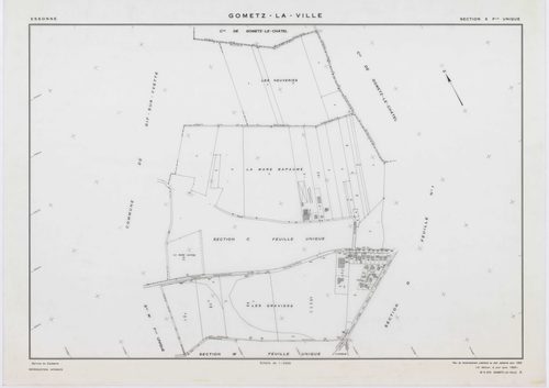 GOMETZ-LA-VILLE, plans minutes de conservation : tableau d'assemblage,1944, Ech. 1/10000 ; plans des sections A, B, C, D2, H, 1944, Ech. 1/2500, section D1, 1944, Ech. 1/1250, sections S, U, V, W, X, Z, 1959, Ech. 1/2000, section ZA, 1980, Ech. 1/2000. Po