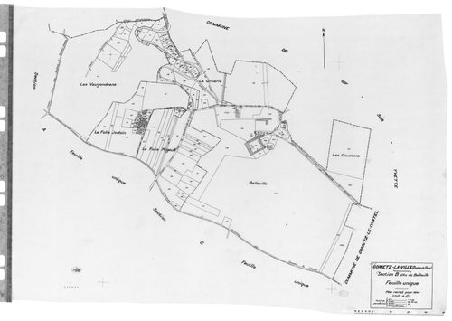 GOMETZ-LA-VILLE.- Cadastre révisé pour 1944 : plan du tableau d'assemblage, plans de la section A Ragemont ,section B Belleville, section C Beaudeville, section D Gometz 1ère feuille, section H Mauregard ; cadastre révisé pour 1944 mis à jour pour 1959 : 