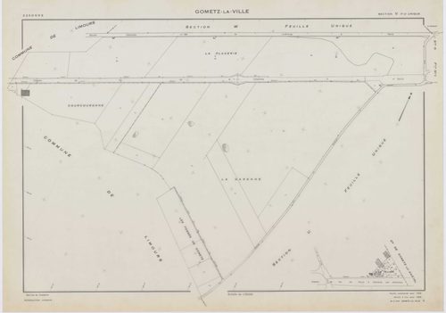 GOMETZ-LA-VILLE, plans minutes de conservation : tableau d'assemblage,1944, Ech. 1/10000 ; plans des sections A, B, C, D2, H, 1944, Ech. 1/2500, section D1, 1944, Ech. 1/1250, sections S, U, V, W, X, Z, 1959, Ech. 1/2000, section ZA, 1980, Ech. 1/2000. Po