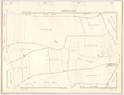 GOMETZ-LA-VILLE. - Cadastre révisé pour 1944, à jour pour 1959 (2ème édition) : plans du tableau d'assemblage, des sections A, B, C et D dite de Gometz (feuilles 1-2) ; plan de remembrement substitué au plan cadastral pour 1959 : plans des sections S, U, 