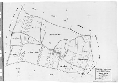 GOMETZ-LA-VILLE.- Cadastre révisé pour 1944 : plan du tableau d'assemblage, plans de la section A Ragemont ,section B Belleville, section C Beaudeville, section D Gometz 1ère feuille, section H Mauregard ; cadastre révisé pour 1944 mis à jour pour 1959 : 