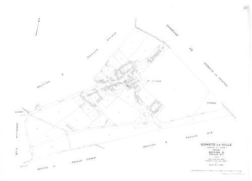 GOMETZ-LA-VILLE.- Cadastre révisé pour 1944 : plan du tableau d'assemblage, plans de la section A Ragemont ,section B Belleville, section C Beaudeville, section D Gometz 1ère feuille, section H Mauregard ; cadastre révisé pour 1944 mis à jour pour 1959 : 