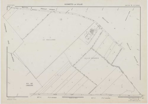 GOMETZ-LA-VILLE, plans minutes de conservation : tableau d'assemblage,1944, Ech. 1/10000 ; plans des sections A, B, C, D2, H, 1944, Ech. 1/2500, section D1, 1944, Ech. 1/1250, sections S, U, V, W, X, Z, 1959, Ech. 1/2000, section ZA, 1980, Ech. 1/2000. Po
