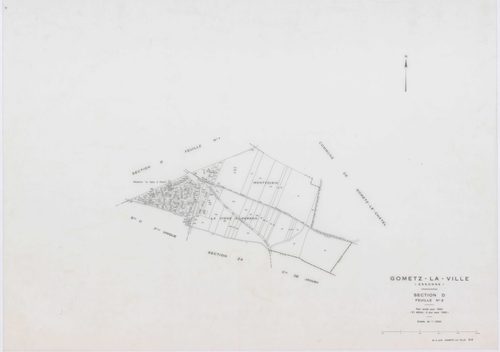 GOMETZ-LA-VILLE, plans minutes de conservation : tableau d'assemblage,1944, Ech. 1/10000 ; plans des sections A, B, C, D2, H, 1944, Ech. 1/2500, section D1, 1944, Ech. 1/1250, sections S, U, V, W, X, Z, 1959, Ech. 1/2000, section ZA, 1980, Ech. 1/2000. Po