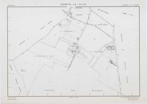 GOMETZ-LA-VILLE, plans minutes de conservation : tableau d'assemblage,1944, Ech. 1/10000 ; plans des sections A, B, C, D2, H, 1944, Ech. 1/2500, section D1, 1944, Ech. 1/1250, sections S, U, V, W, X, Z, 1959, Ech. 1/2000, section ZA, 1980, Ech. 1/2000. Po