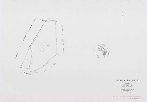 GOMETZ-LA-VILLE, plans minutes de conservation : tableau d'assemblage,1944, Ech. 1/10000 ; plans des sections A, B, C, D2, H, 1944, Ech. 1/2500, section D1, 1944, Ech. 1/1250, sections S, U, V, W, X, Z, 1959, Ech. 1/2000, section ZA, 1980, Ech. 1/2000. Po