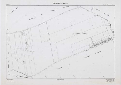 GOMETZ-LA-VILLE, plans minutes de conservation : tableau d'assemblage,1944, Ech. 1/10000 ; plans des sections A, B, C, D2, H, 1944, Ech. 1/2500, section D1, 1944, Ech. 1/1250, sections S, U, V, W, X, Z, 1959, Ech. 1/2000, section ZA, 1980, Ech. 1/2000. Po