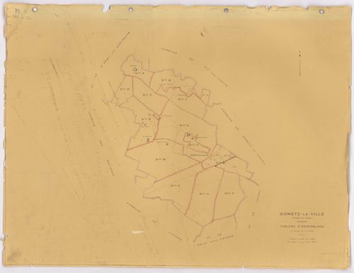 GOMETZ-LA-VILLE. - Cadastre révisé pour 1944, à jour pour 1959 (2ème édition) : plans du tableau d'assemblage, des sections A, B, C et D dite de Gometz (feuilles 1-2) ; plan de remembrement substitué au plan cadastral pour 1959 : plans des sections S, U, 