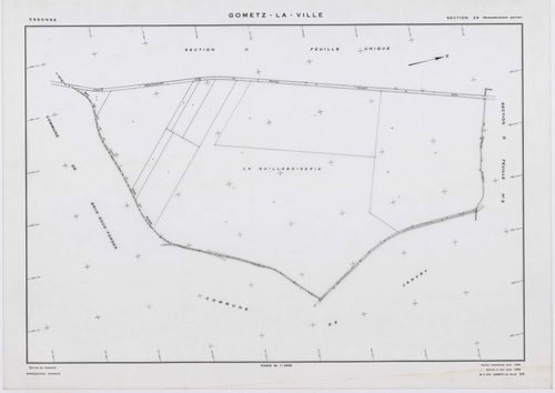 GOMETZ-LA-VILLE, plans minutes de conservation : tableau d'assemblage,1944, Ech. 1/10000 ; plans des sections A, B, C, D2, H, 1944, Ech. 1/2500, section D1, 1944, Ech. 1/1250, sections S, U, V, W, X, Z, 1959, Ech. 1/2000, section ZA, 1980, Ech. 1/2000. Po