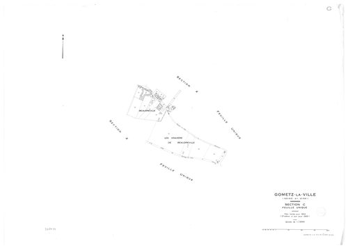 GOMETZ-LA-VILLE.- Cadastre révisé pour 1944 : plan du tableau d'assemblage, plans de la section A Ragemont ,section B Belleville, section C Beaudeville, section D Gometz 1ère feuille, section H Mauregard ; cadastre révisé pour 1944 mis à jour pour 1959 : 