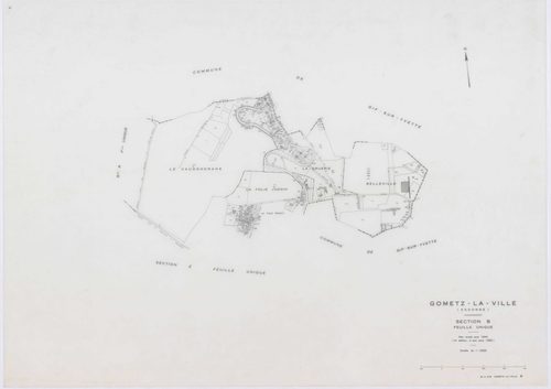 GOMETZ-LA-VILLE, plans minutes de conservation : tableau d'assemblage,1944, Ech. 1/10000 ; plans des sections A, B, C, D2, H, 1944, Ech. 1/2500, section D1, 1944, Ech. 1/1250, sections S, U, V, W, X, Z, 1959, Ech. 1/2000, section ZA, 1980, Ech. 1/2000. Po