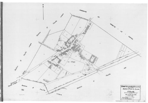 GOMETZ-LA-VILLE.- Cadastre révisé pour 1944 : plan du tableau d'assemblage, plans de la section A Ragemont ,section B Belleville, section C Beaudeville, section D Gometz 1ère feuille, section H Mauregard ; cadastre révisé pour 1944 mis à jour pour 1959 : 