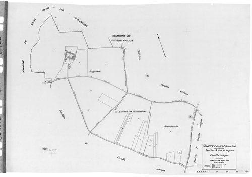 GOMETZ-LA-VILLE.- Cadastre révisé pour 1944 : plan du tableau d'assemblage, plans de la section A Ragemont ,section B Belleville, section C Beaudeville, section D Gometz 1ère feuille, section H Mauregard ; cadastre révisé pour 1944 mis à jour pour 1959 : 