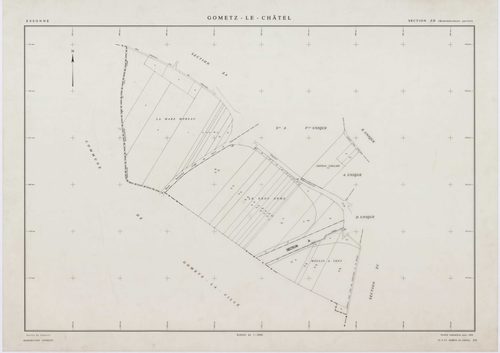 GOMETZ-LE-CHATEL, plans minutes de conservation : tableau d'assemblage,1935, Ech. 1/10000 ; plans des sections B1, E1, 1935, Ech. 1/1250, sections A, B2, C1, D1, 1935, Ech. 1/2500, sections ZA, ZB, ZC, ZD, 1984, Ech. 1/2000. Polyester. N et B. Dim. 105 x 