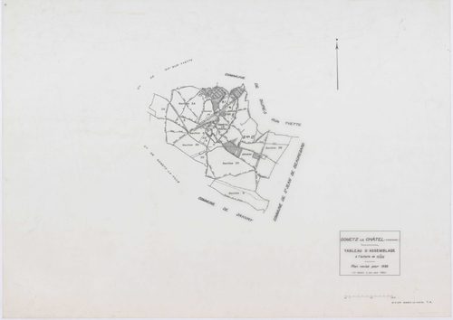 GOMETZ-LE-CHATEL, plans minutes de conservation : tableau d'assemblage,1935, Ech. 1/10000 ; plans des sections B1, E1, 1935, Ech. 1/1250, sections A, B2, C1, D1, 1935, Ech. 1/2500, sections ZA, ZB, ZC, ZD, 1984, Ech. 1/2000. Polyester. N et B. Dim. 105 x 
