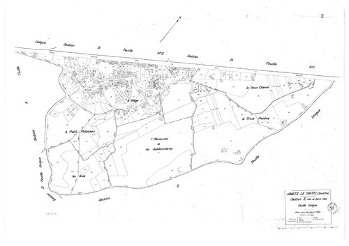 GOMETZ-LE-CHATEL. - Cadastre révisé pour 1935 : plans de la section A le Gros Orme, section B les Vignes 1ère feuille, idem 2ème feuille, section C Grivery, section D la Brosse, section E Saint-Eclair ; cadastre révisé pour 1935 mis à jour pour 1955 : pla