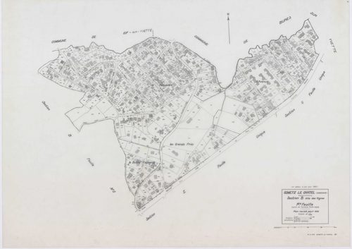 GOMETZ-LE-CHATEL, plans minutes de conservation : tableau d'assemblage,1935, Ech. 1/10000 ; plans des sections B1, E1, 1935, Ech. 1/1250, sections A, B2, C1, D1, 1935, Ech. 1/2500, sections ZA, ZB, ZC, ZD, 1984, Ech. 1/2000. Polyester. N et B. Dim. 105 x 