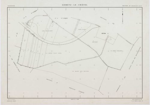 GOMETZ-LE-CHATEL, plans minutes de conservation : tableau d'assemblage,1935, Ech. 1/10000 ; plans des sections B1, E1, 1935, Ech. 1/1250, sections A, B2, C1, D1, 1935, Ech. 1/2500, sections ZA, ZB, ZC, ZD, 1984, Ech. 1/2000. Polyester. N et B. Dim. 105 x 