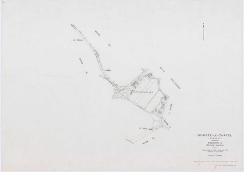 GOMETZ-LE-CHATEL, plans minutes de conservation : tableau d'assemblage,1935, Ech. 1/10000 ; plans des sections B1, E1, 1935, Ech. 1/1250, sections A, B2, C1, D1, 1935, Ech. 1/2500, sections ZA, ZB, ZC, ZD, 1984, Ech. 1/2000. Polyester. N et B. Dim. 105 x 