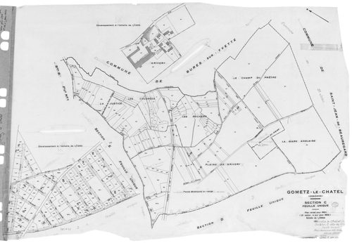 GOMETZ-LE-CHATEL. - Cadastre révisé pour 1935 : plans de la section A le Gros Orme, section B les Vignes 1ère feuille, idem 2ème feuille, section C Grivery, section D la Brosse, section E Saint-Eclair ; cadastre révisé pour 1935 mis à jour pour 1955 : pla