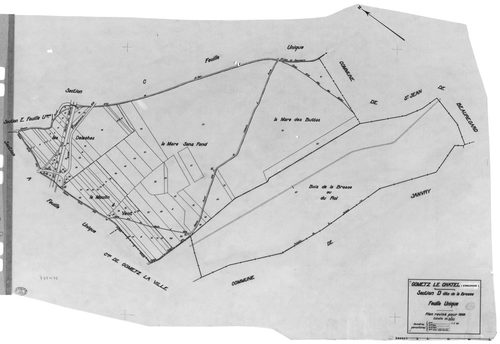 GOMETZ-LE-CHATEL. - Cadastre révisé pour 1935 : plans de la section A le Gros Orme, section B les Vignes 1ère feuille, idem 2ème feuille, section C Grivery, section D la Brosse, section E Saint-Eclair ; cadastre révisé pour 1935 mis à jour pour 1955 : pla