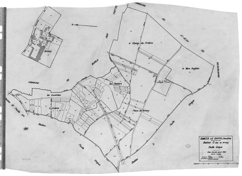 GOMETZ-LE-CHATEL. - Cadastre révisé pour 1935 : plans de la section A le Gros Orme, section B les Vignes 1ère feuille, idem 2ème feuille, section C Grivery, section D la Brosse, section E Saint-Eclair ; cadastre révisé pour 1935 mis à jour pour 1955 : pla