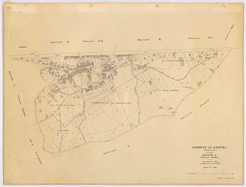 GOMETZ-LE-CHATEL. - Plan révisé pour 1935, à jour pour 1976 (2ème, 3ème édition) : plans des sections A, B dite des Vignes (feuilles 1-2), C, D et E ; plan révisé pour 1935, à jour pour 1983 (2ème, 4ème édition) : plans du tableau d'assemblage, des sectio