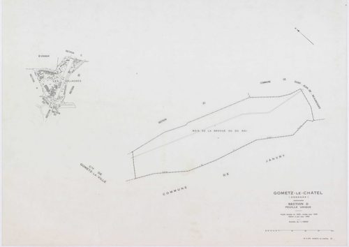 GOMETZ-LE-CHATEL, plans minutes de conservation : tableau d'assemblage,1935, Ech. 1/10000 ; plans des sections B1, E1, 1935, Ech. 1/1250, sections A, B2, C1, D1, 1935, Ech. 1/2500, sections ZA, ZB, ZC, ZD, 1984, Ech. 1/2000. Polyester. N et B. Dim. 105 x 