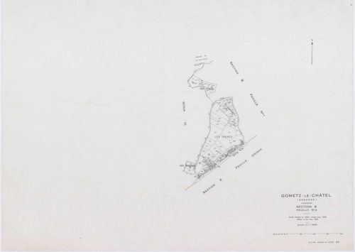 GOMETZ-LE-CHATEL, plans minutes de conservation : tableau d'assemblage,1935, Ech. 1/10000 ; plans des sections B1, E1, 1935, Ech. 1/1250, sections A, B2, C1, D1, 1935, Ech. 1/2500, sections ZA, ZB, ZC, ZD, 1984, Ech. 1/2000. Polyester. N et B. Dim. 105 x 