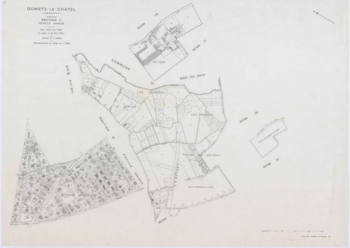 GOMETZ-LE-CHATEL, plans minutes de conservation : tableau d'assemblage,1935, Ech. 1/10000 ; plans des sections B1, E1, 1935, Ech. 1/1250, sections A, B2, C1, D1, 1935, Ech. 1/2500, sections ZA, ZB, ZC, ZD, 1984, Ech. 1/2000. Polyester. N et B. Dim. 105 x 