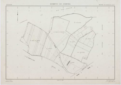 GOMETZ-LE-CHATEL, plans minutes de conservation : tableau d'assemblage,1935, Ech. 1/10000 ; plans des sections B1, E1, 1935, Ech. 1/1250, sections A, B2, C1, D1, 1935, Ech. 1/2500, sections ZA, ZB, ZC, ZD, 1984, Ech. 1/2000. Polyester. N et B. Dim. 105 x 