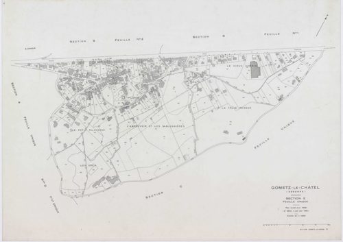 GOMETZ-LE-CHATEL, plans minutes de conservation : tableau d'assemblage,1935, Ech. 1/10000 ; plans des sections B1, E1, 1935, Ech. 1/1250, sections A, B2, C1, D1, 1935, Ech. 1/2500, sections ZA, ZB, ZC, ZD, 1984, Ech. 1/2000. Polyester. N et B. Dim. 105 x 