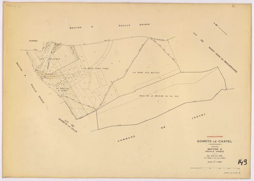 GOMETZ-LE-CHATEL. - Plan révisé pour 1935, à jour pour 1976 (2ème, 3ème édition) : plans des sections A, B dite des Vignes (feuilles 1-2), C, D et E ; plan révisé pour 1935, à jour pour 1983 (2ème, 4ème édition) : plans du tableau d'assemblage, des sectio