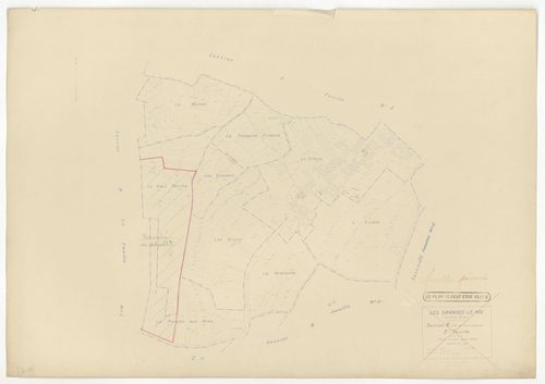 Plans minutes de conservation : GRANGES-LE-ROI (LES) : tableau d'assemblage n°1, ech. 1/10000 (1942), sections A1, A2, B2, C1, ech. 1/2500, sections B1, B3, C2, C3, D1, D2, D3, D4, ech. 1/1250 (1942) ; tableau d'assemblage n°2, ech. 1/10000 (1954), sectio
