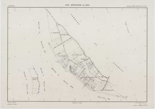 GRANGES-LE-ROI (LES), plans minutes de conservation : tableau d'assemblage, 1942, Ech. 1/10000 ; plans des sections A1, A2, A3, C1, 1942, Ech. 1/2500, sections B3, C3, D3, D4, 1942, Ech. 1/1250, sections ZB, ZE, ZG, 1959, Ech. 1/2000, sections ZH, ZI, ZK,