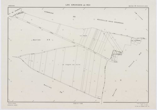 GRANGES-LE-ROI (LES), plans minutes de conservation : tableau d'assemblage, 1942, Ech. 1/10000 ; plans des sections A1, A2, A3, C1, 1942, Ech. 1/2500, sections B3, C3, D3, D4, 1942, Ech. 1/1250, sections ZB, ZE, ZG, 1959, Ech. 1/2000, sections ZH, ZI, ZK,