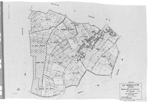 GRANGES-LE-ROI (LES) . - Cadastre révisé pour 1942 : plan du tableau d'assemblage, plans de la section A l'Ouye 3ème feuille, section B la Villeneuve 1ère feuille, idem 3ème feuille, section C le Village 3ème feuille ; cadastre renouvelé pour 1954 : plan 