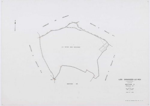 GRANGES-LE-ROI (LES), plans minutes de conservation : tableau d'assemblage, 1942, Ech. 1/10000 ; plans des sections A1, A2, A3, C1, 1942, Ech. 1/2500, sections B3, C3, D3, D4, 1942, Ech. 1/1250, sections ZB, ZE, ZG, 1959, Ech. 1/2000, sections ZH, ZI, ZK,